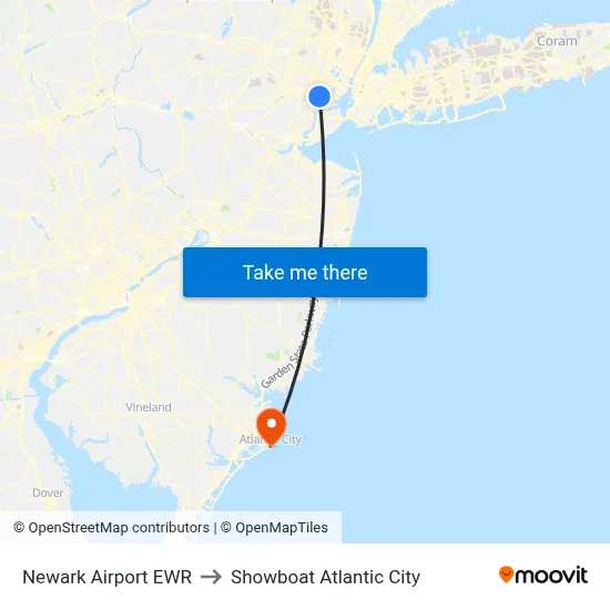 Newark Airport EWR to Showboat Atlantic City map