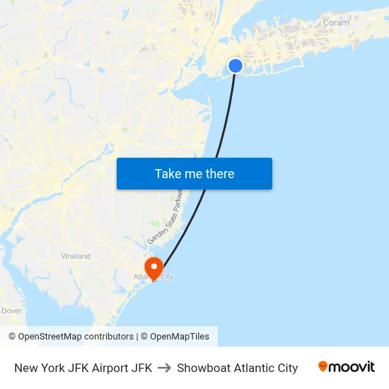 New York JFK Airport JFK to Showboat Atlantic City map
