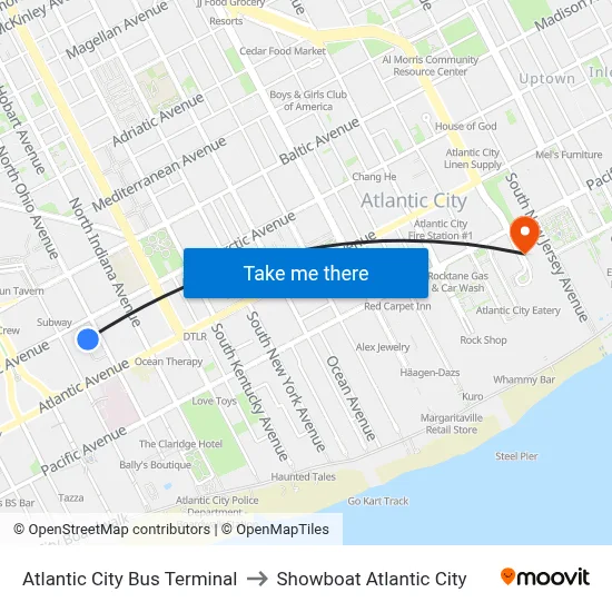 Atlantic City Bus Terminal to Showboat Atlantic City map