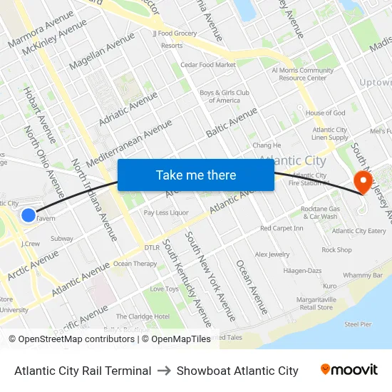Atlantic City Rail Terminal to Showboat Atlantic City map