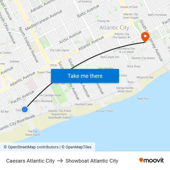Caesars Atlantic City to Showboat Atlantic City map