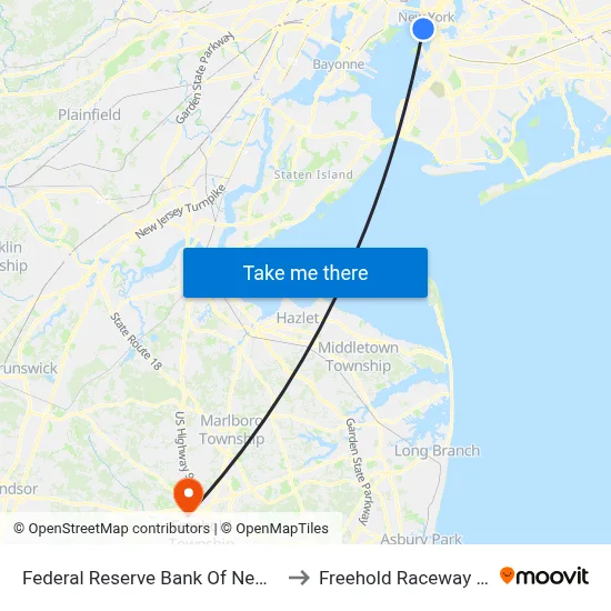 Federal Reserve Bank Of New York to Freehold Raceway Mall map