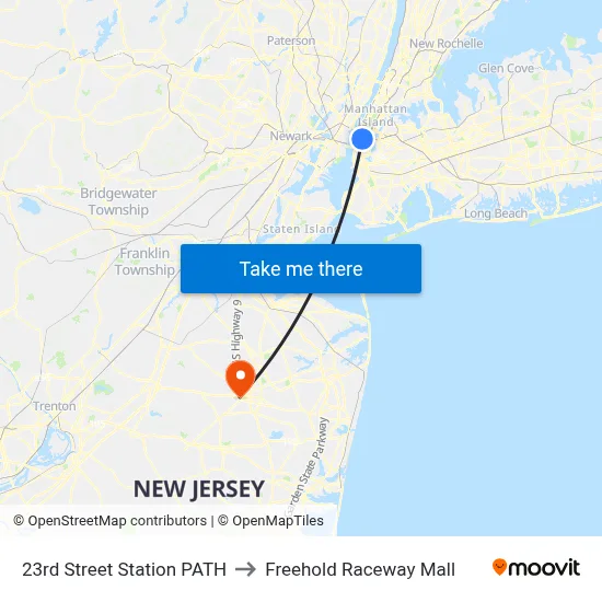 23rd Street Station PATH to Freehold Raceway Mall map