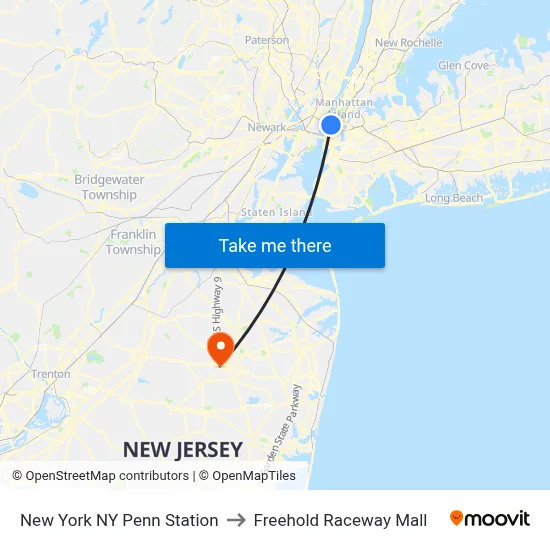New York NY Penn Station to Freehold Raceway Mall map