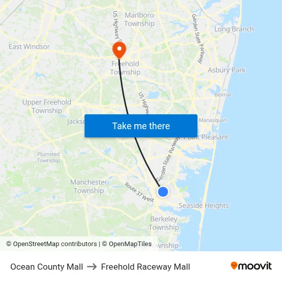 Ocean County Mall to Freehold Raceway Mall map