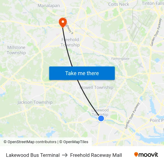 Lakewood Bus Terminal to Freehold Raceway Mall map