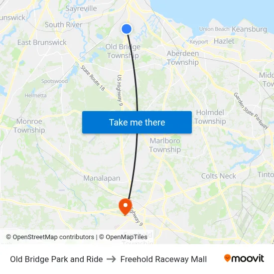 Old Bridge Park and Ride to Freehold Raceway Mall map