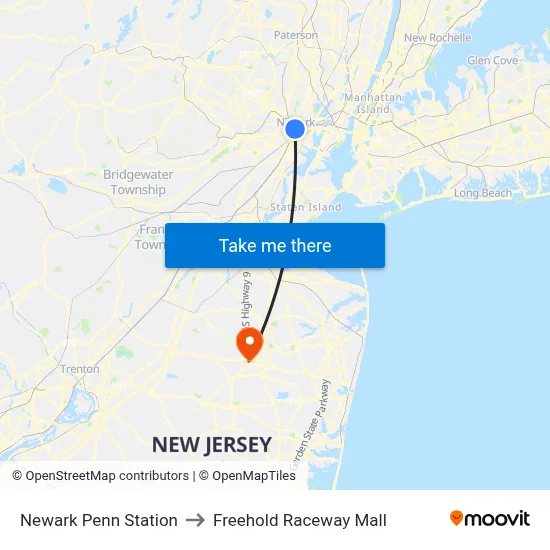 Newark Penn Station to Freehold Raceway Mall map