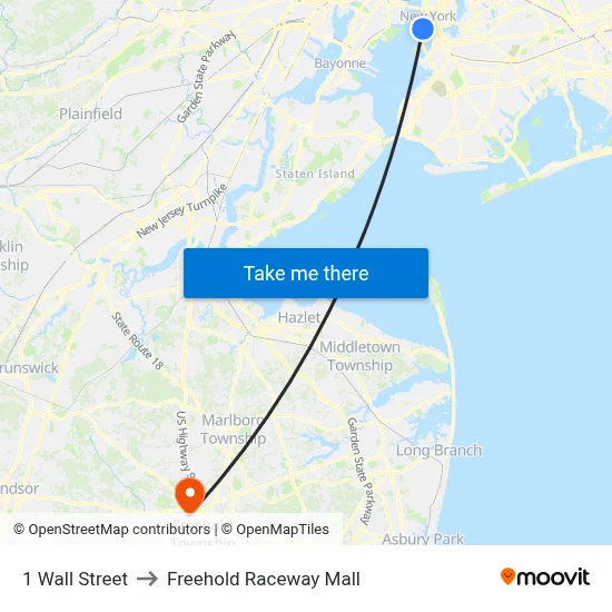 1 Wall Street to Freehold Raceway Mall map