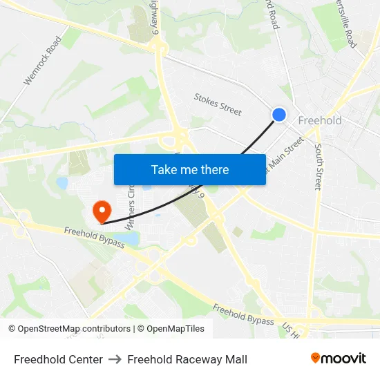 Freedhold Center to Freehold Raceway Mall map