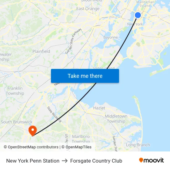 New York Penn Station to Forsgate Country Club map