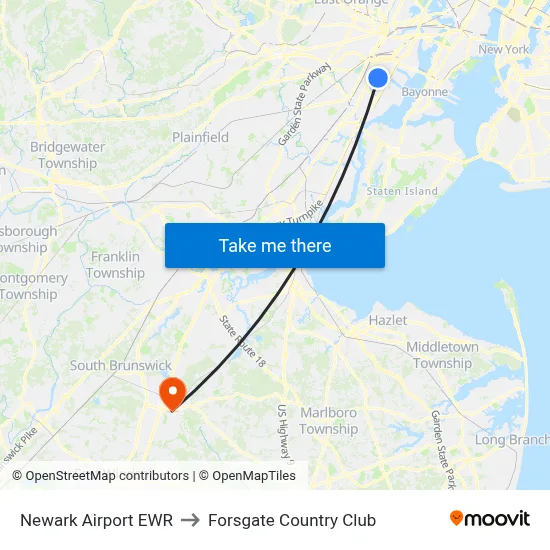 Newark Airport EWR to Forsgate Country Club map