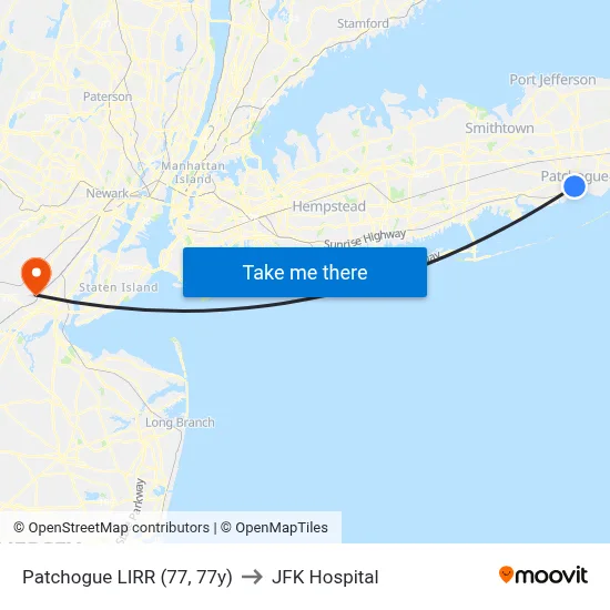 Patchogue LIRR (77, 77y) to JFK Hospital map