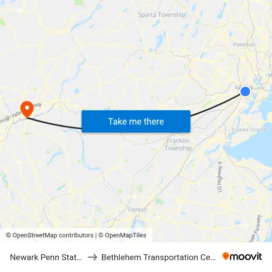 Newark Penn Station to Bethlehem Transportation Center map