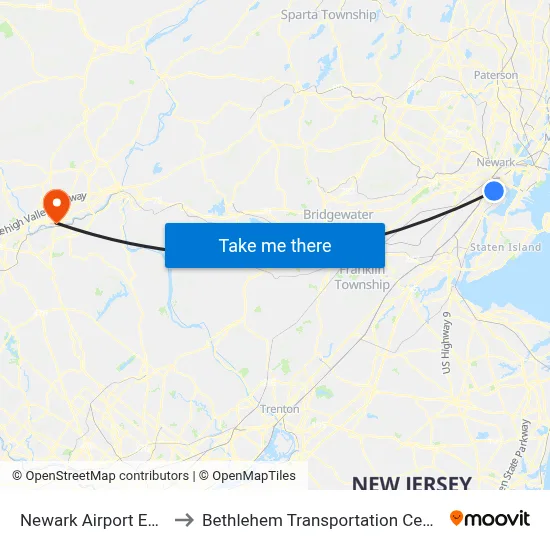 Newark Airport EWR to Bethlehem Transportation Center map