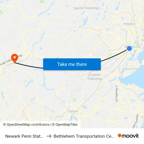 Newark Penn Station to Bethlehem Transportation Center map