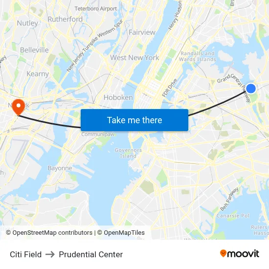 Citi Field to Prudential Center map