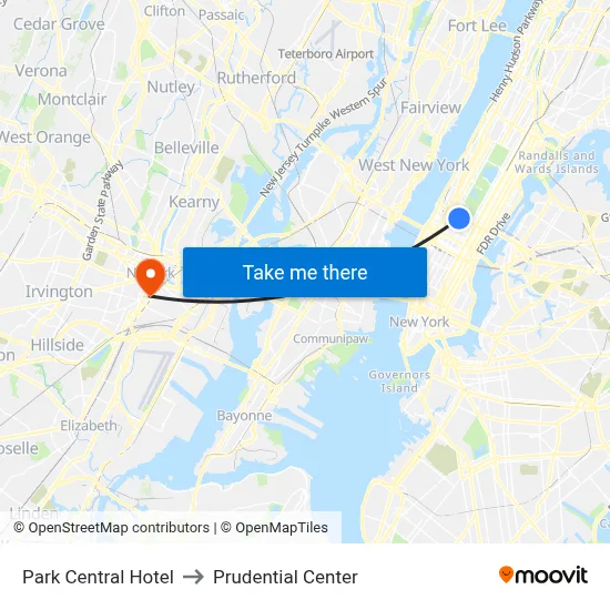 Park Central Hotel to Prudential Center map