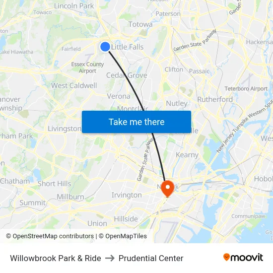 Willowbrook Park & Ride to Prudential Center map