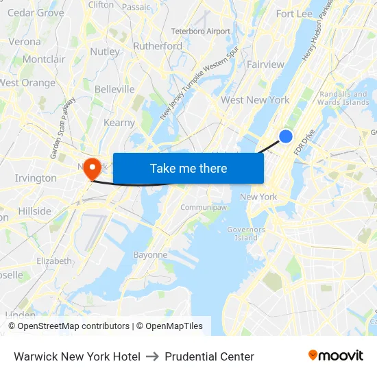 Warwick New York Hotel to Prudential Center map