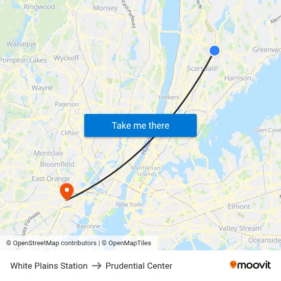 White Plains Station to Prudential Center map
