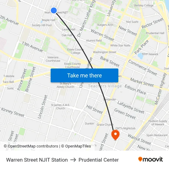 Warren Street NJIT Station to Prudential Center map