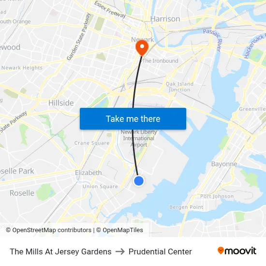 The Mills At Jersey Gardens to Prudential Center map