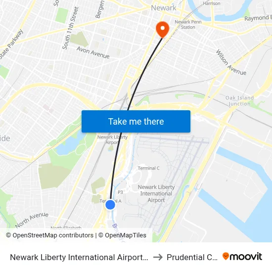Newark Liberty International Airport Station P1 to Prudential Center map