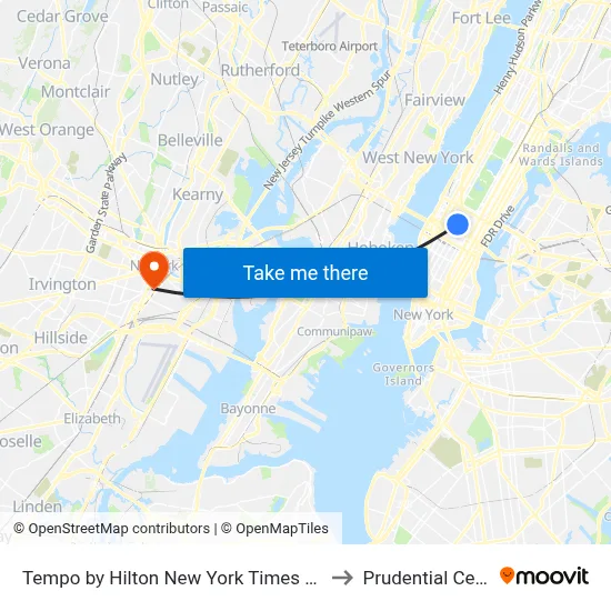 Tempo by Hilton New York Times Square to Prudential Center map