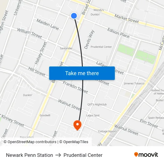 Newark Penn Station to Prudential Center map