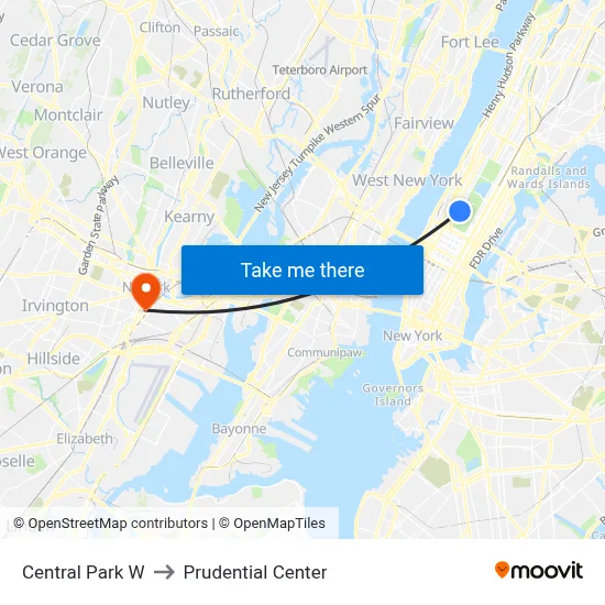 Central Park W to Prudential Center map