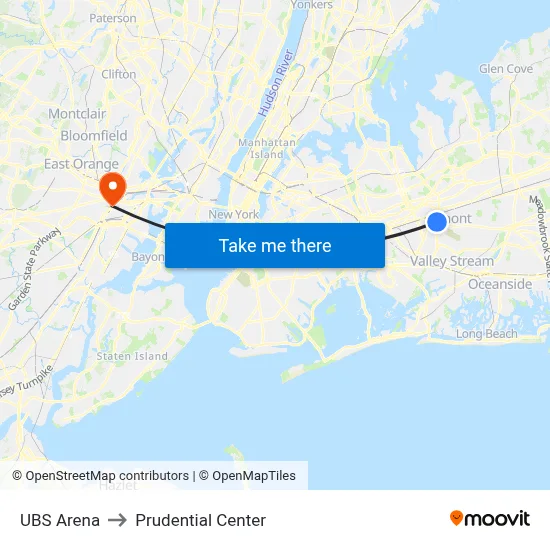 UBS Arena to Prudential Center map