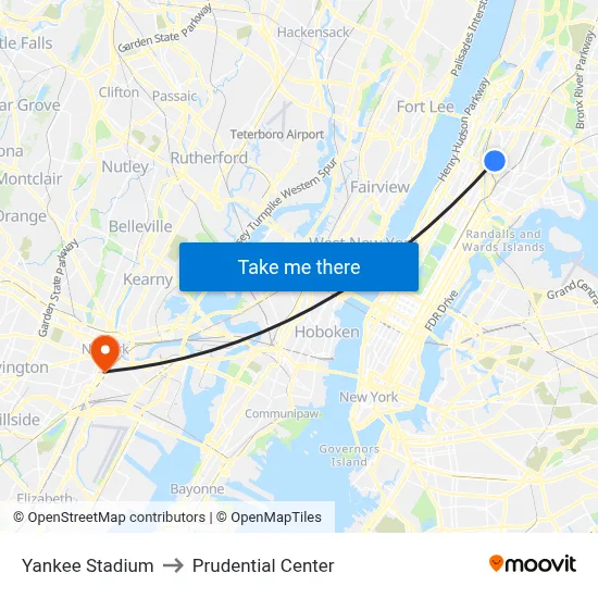 Yankee Stadium to Prudential Center map