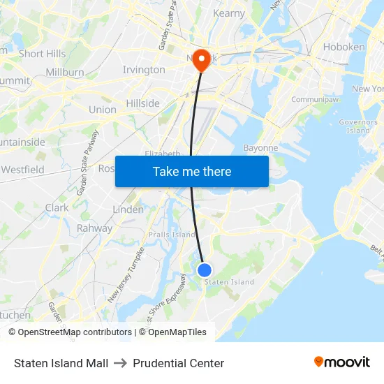 Staten Island Mall to Prudential Center map
