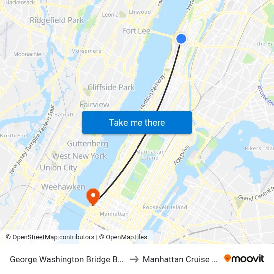 George Washington Bridge Bus Station to Manhattan Cruise Parking map