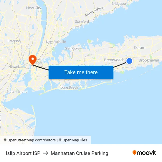 Islip Airport ISP to Manhattan Cruise Parking map