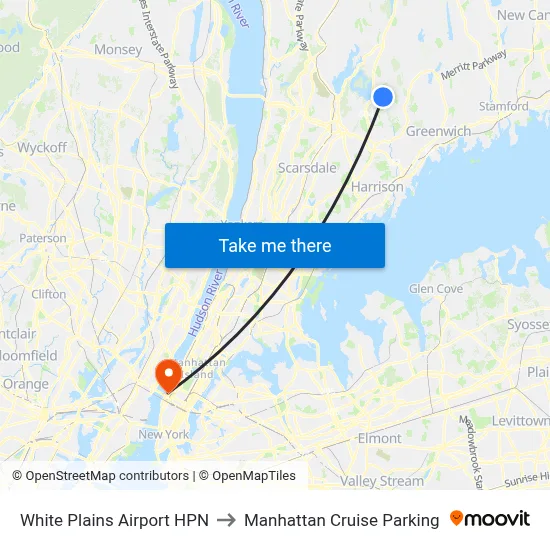 White Plains Airport HPN to Manhattan Cruise Parking map