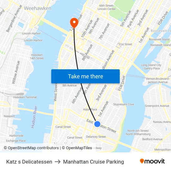 Katz s Delicatessen to Manhattan Cruise Parking map
