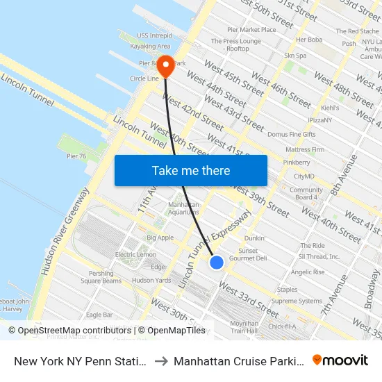 New York NY Penn Station to Manhattan Cruise Parking map