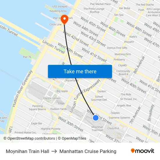 Moynihan Train Hall to Manhattan Cruise Parking map