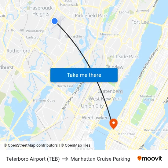 Teterboro Airport (TEB) to Manhattan Cruise Parking map