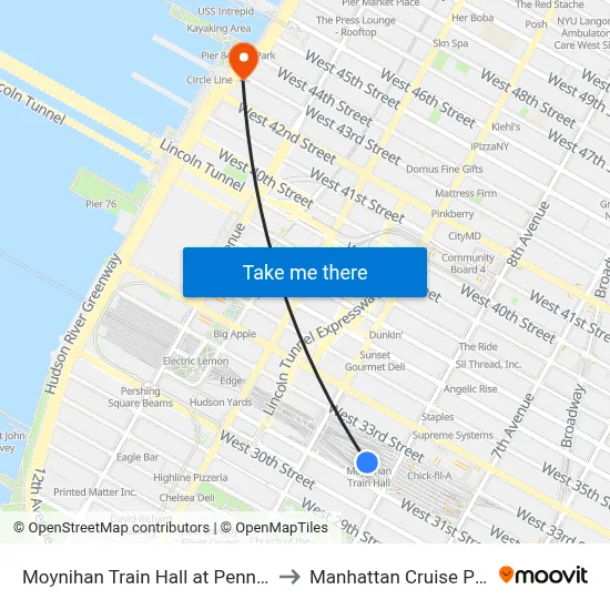 Moynihan Train Hall at Penn Station to Manhattan Cruise Parking map