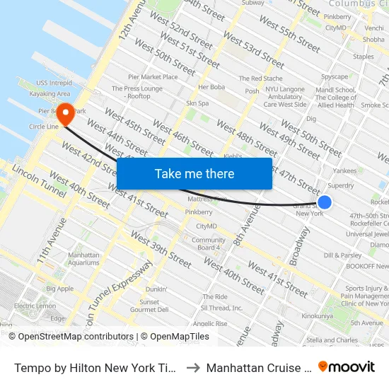 Tempo by Hilton New York Times Square to Manhattan Cruise Parking map