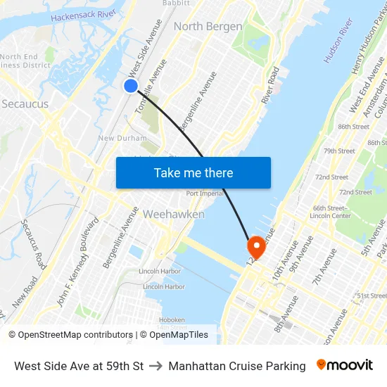 West Side Ave at 59th St to Manhattan Cruise Parking map