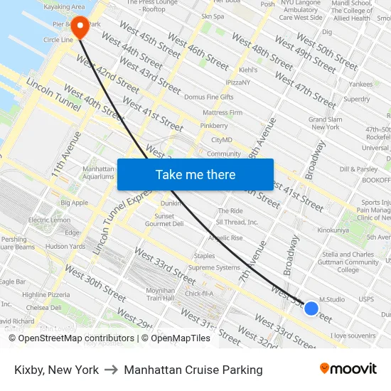 Kixby, New York to Manhattan Cruise Parking map