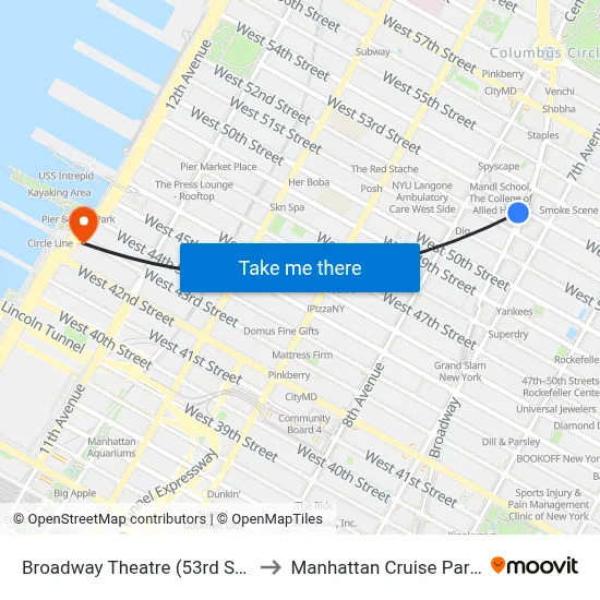 Broadway Theatre (53rd Street) to Manhattan Cruise Parking map