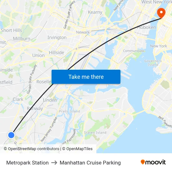 Metropark Station to Manhattan Cruise Parking map