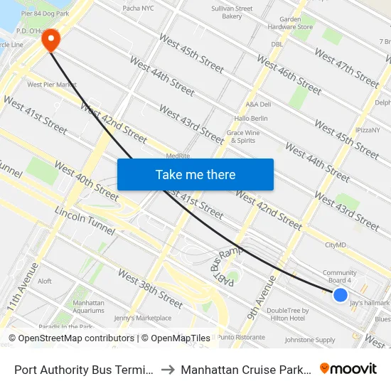 Port Authority Bus Terminal to Manhattan Cruise Parking map