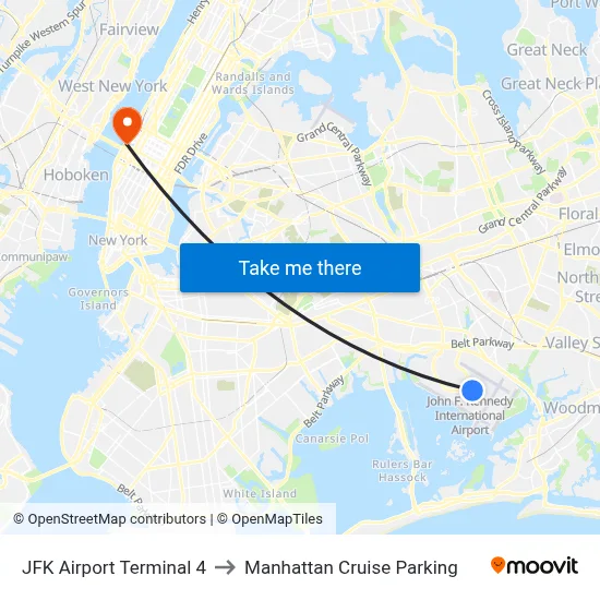 JFK Airport Terminal 4 to Manhattan Cruise Parking map