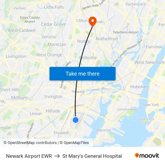 Newark Airport EWR to St Mary's General Hospital map